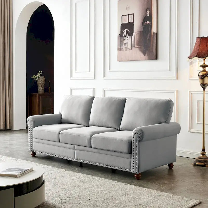 Sofa tapicerowana tkaniną lnianą ze schowkiem