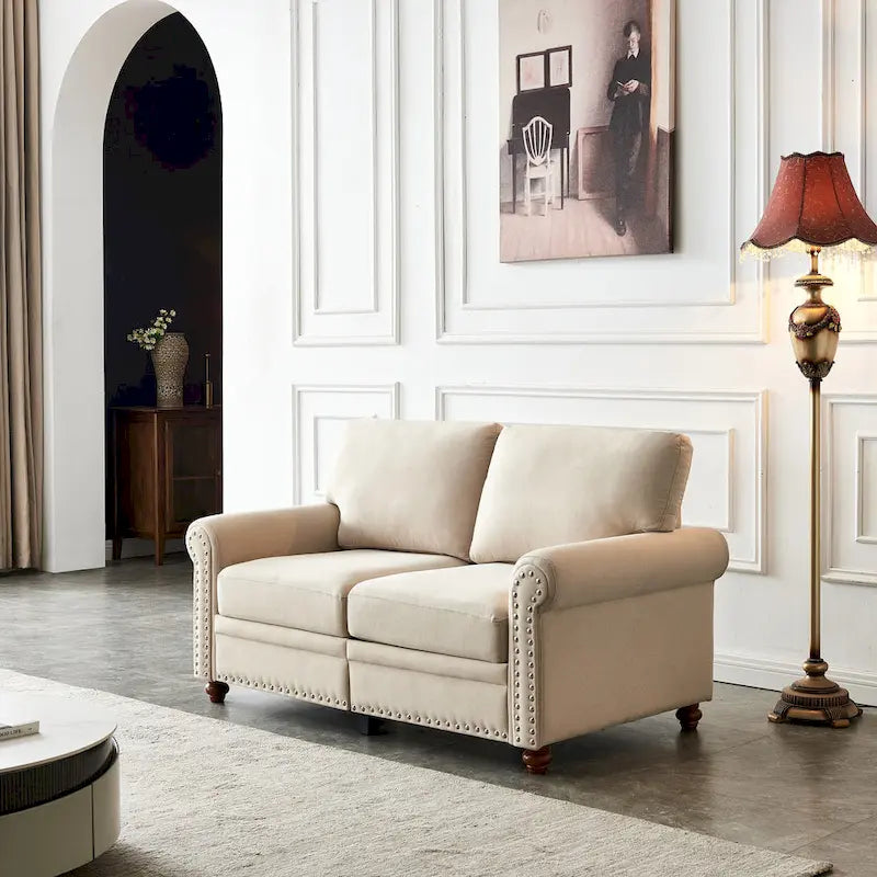 Sofa tapicerowana tkaniną lnianą ze schowkiem