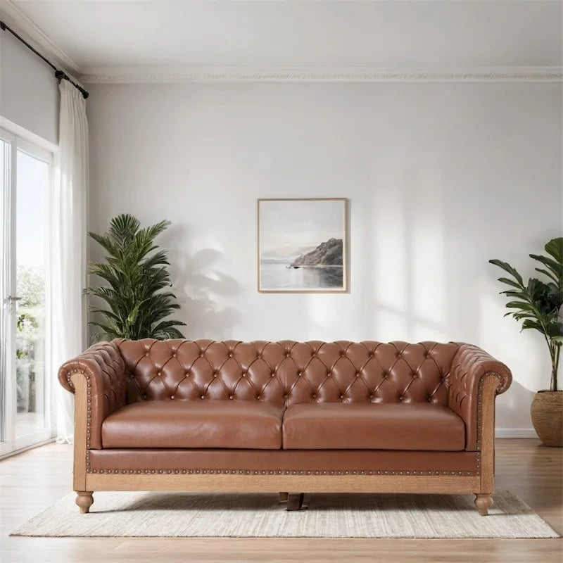 Vintage-style PU sofa (with wooden frame and legs)