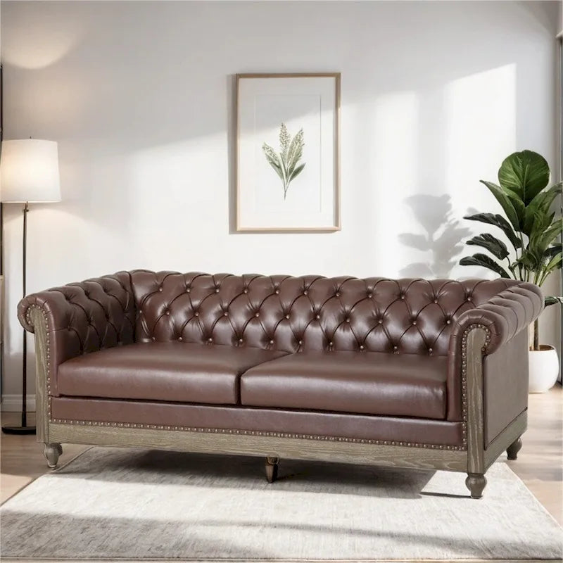 Vintage-style PU sofa (with wooden frame and legs)