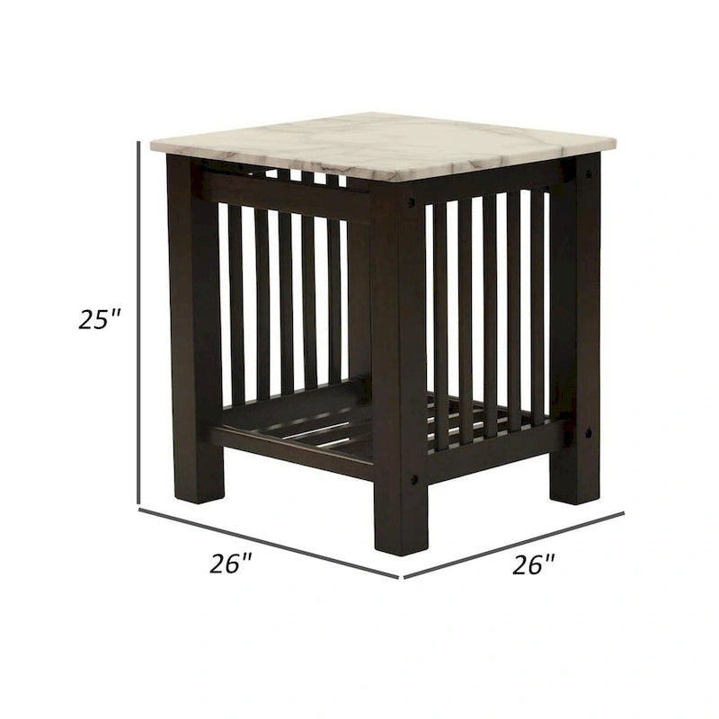 21 Inch Side End Table, White Faux Marble, Bottom Shelf, Black Wood