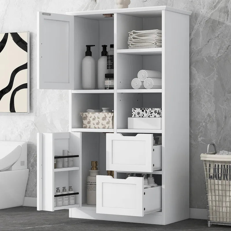 Mobiletto da bagno con 2 ante, 2 cassetti, ripiano aperto e ripiano regolabile