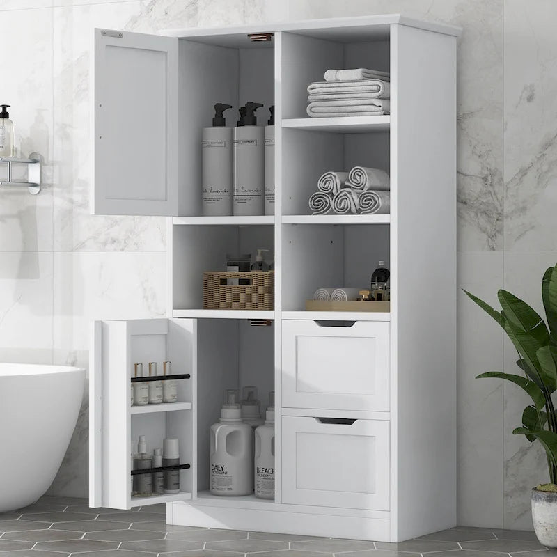 Szafka łazienkowa z 2 drzwiczkami, 2 szufladami, otwartą półką i regulowaną półką