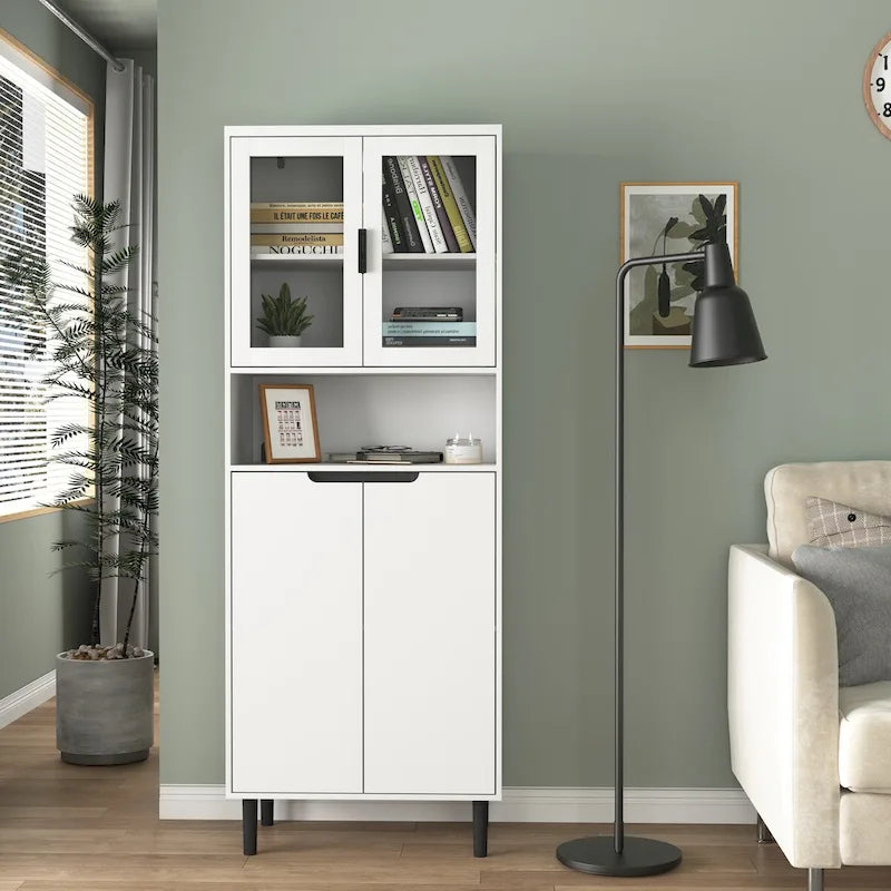 Vetrina alta con 2 ante in vetro e 2 ante, mobile moderno indipendente per bagno, sala da pranzo e soggiorno