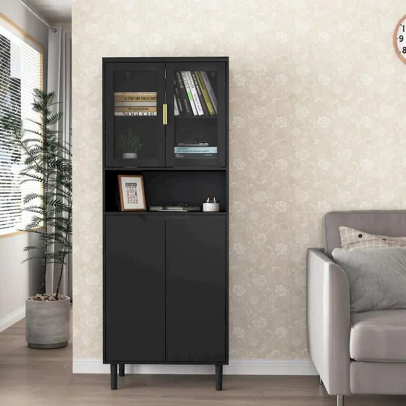 Vetrina alta con 2 ante in vetro e 2 ante, mobile moderno indipendente per bagno, sala da pranzo e soggiorno