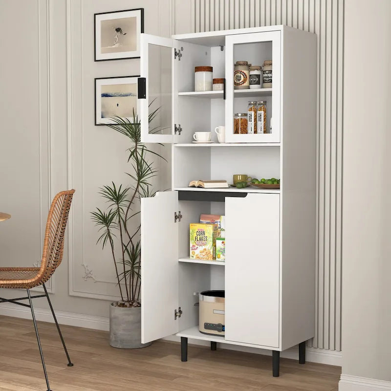 Vetrina alta con 2 ante in vetro e 2 ante, mobile moderno indipendente per bagno, sala da pranzo e soggiorno