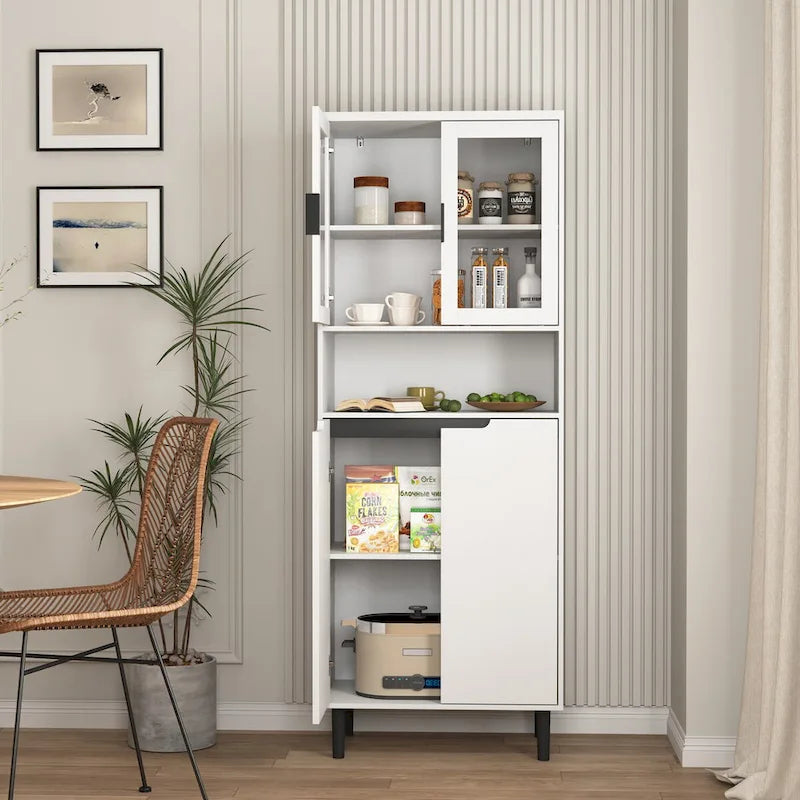 Vetrina alta con 2 ante in vetro e 2 ante, mobile moderno indipendente per bagno, sala da pranzo e soggiorno