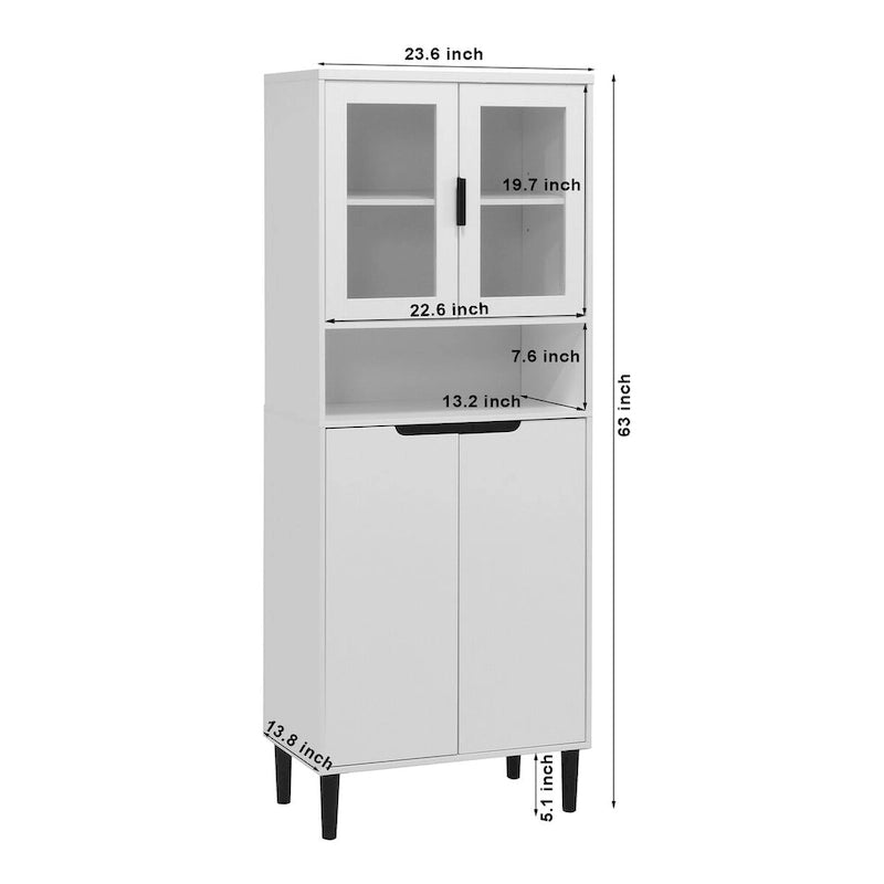 Vetrina alta con 2 ante in vetro e 2 ante, mobile moderno indipendente per bagno, sala da pranzo e soggiorno