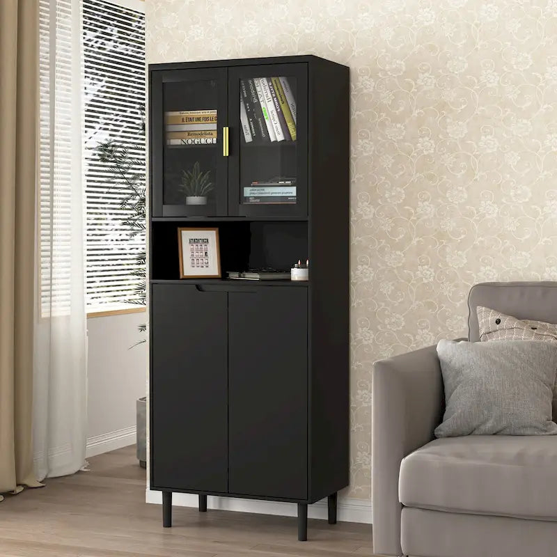 Vetrina alta con 2 ante in vetro e 2 ante, mobile moderno indipendente per bagno, sala da pranzo e soggiorno