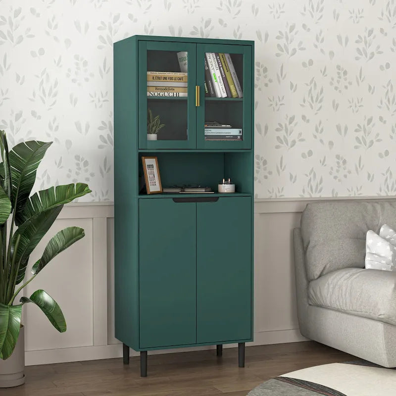 Vetrina alta con 2 ante in vetro e 2 ante, mobile moderno indipendente per bagno, sala da pranzo e soggiorno